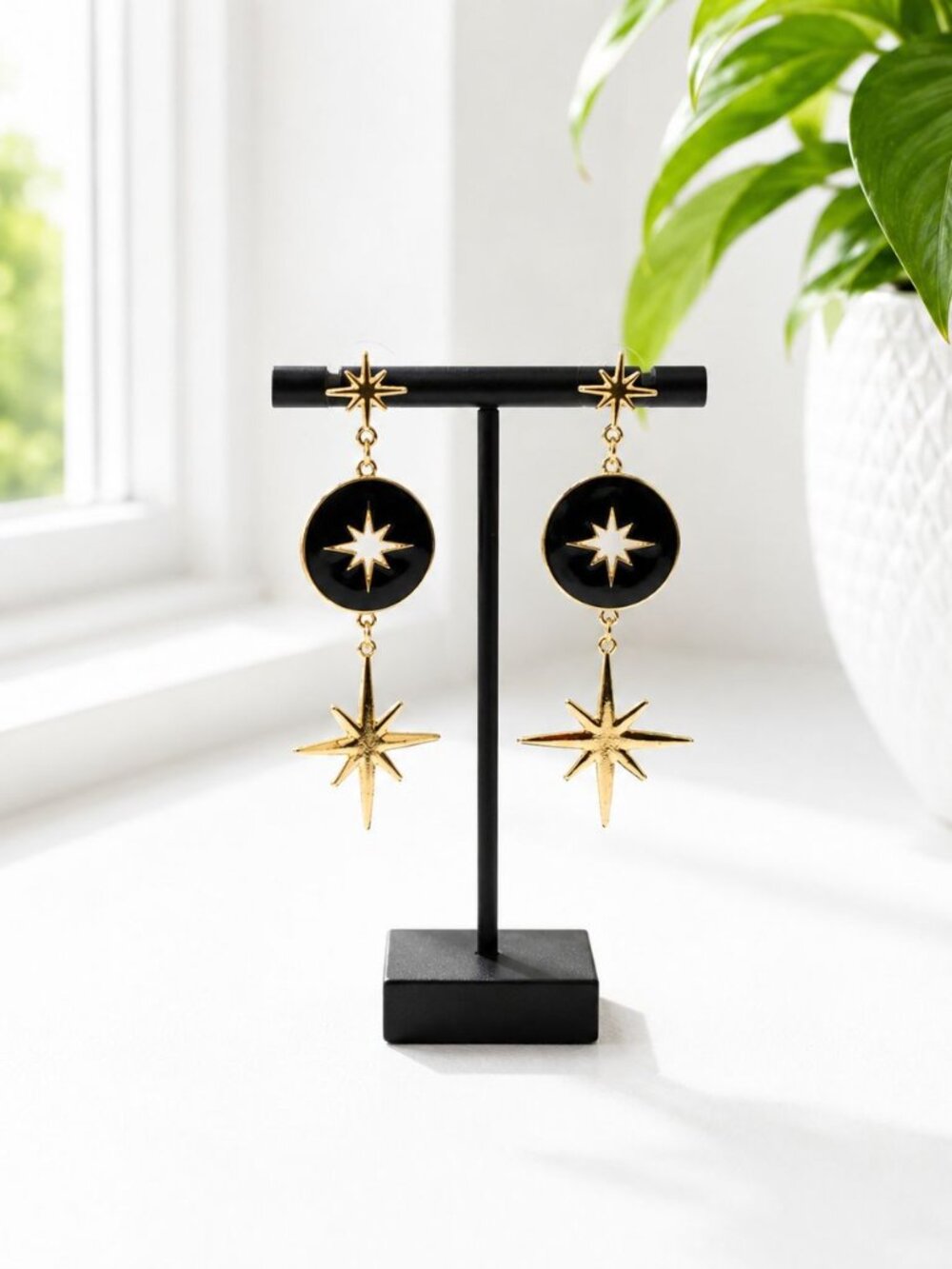 Starburst Black & Gold Dangle Earrings With Enamel Accents Retro-Inspired Celest